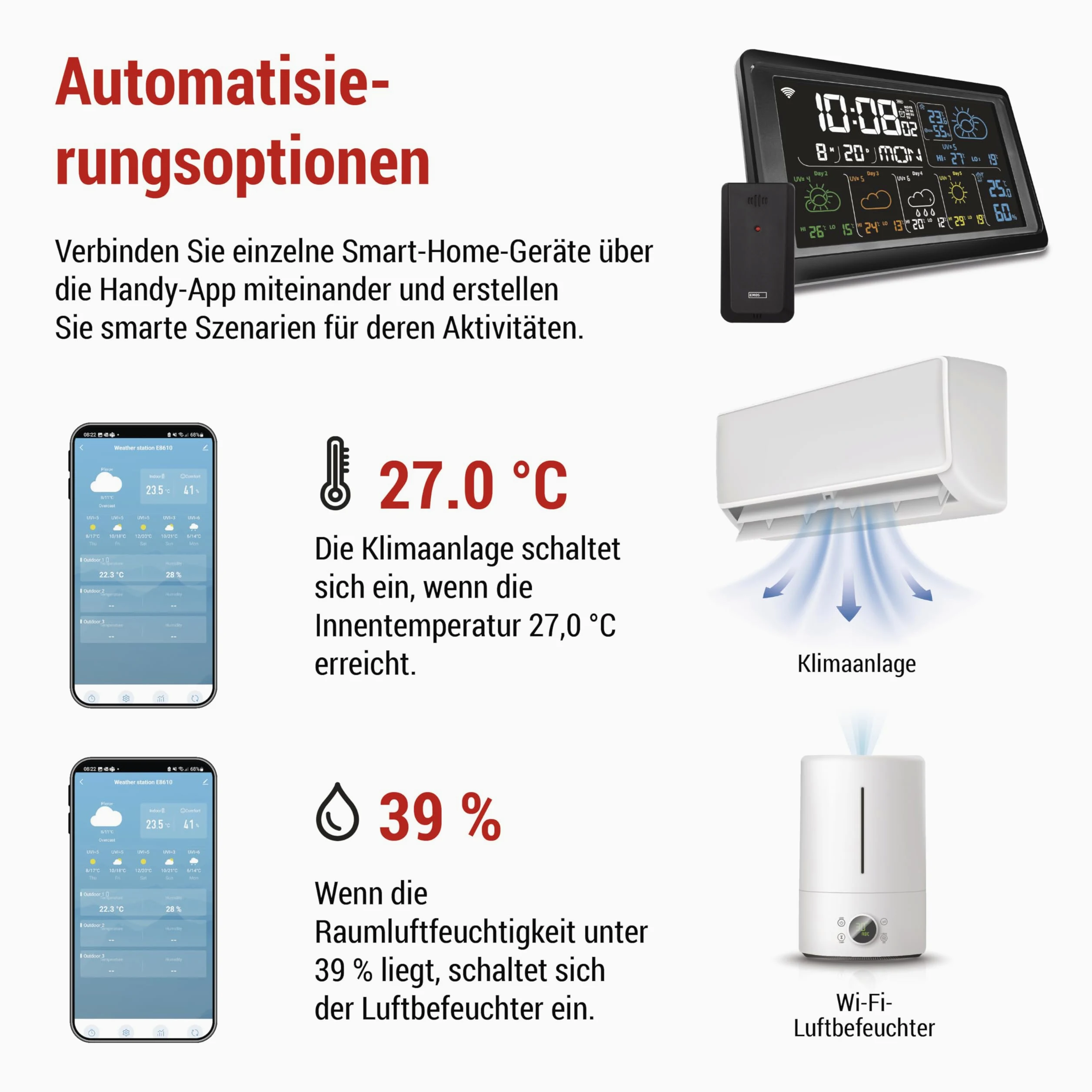 EMOS GoSmart – stacja pogodowa WiFi z bezprzewodowym czujnikiem zewnętrznym i aplikacją – kolorowy wyświetlacz, 5-dniowa prognoza pogody, termometr, higrometr, zegar kompatybilny z Tuya, Smartlife – w
