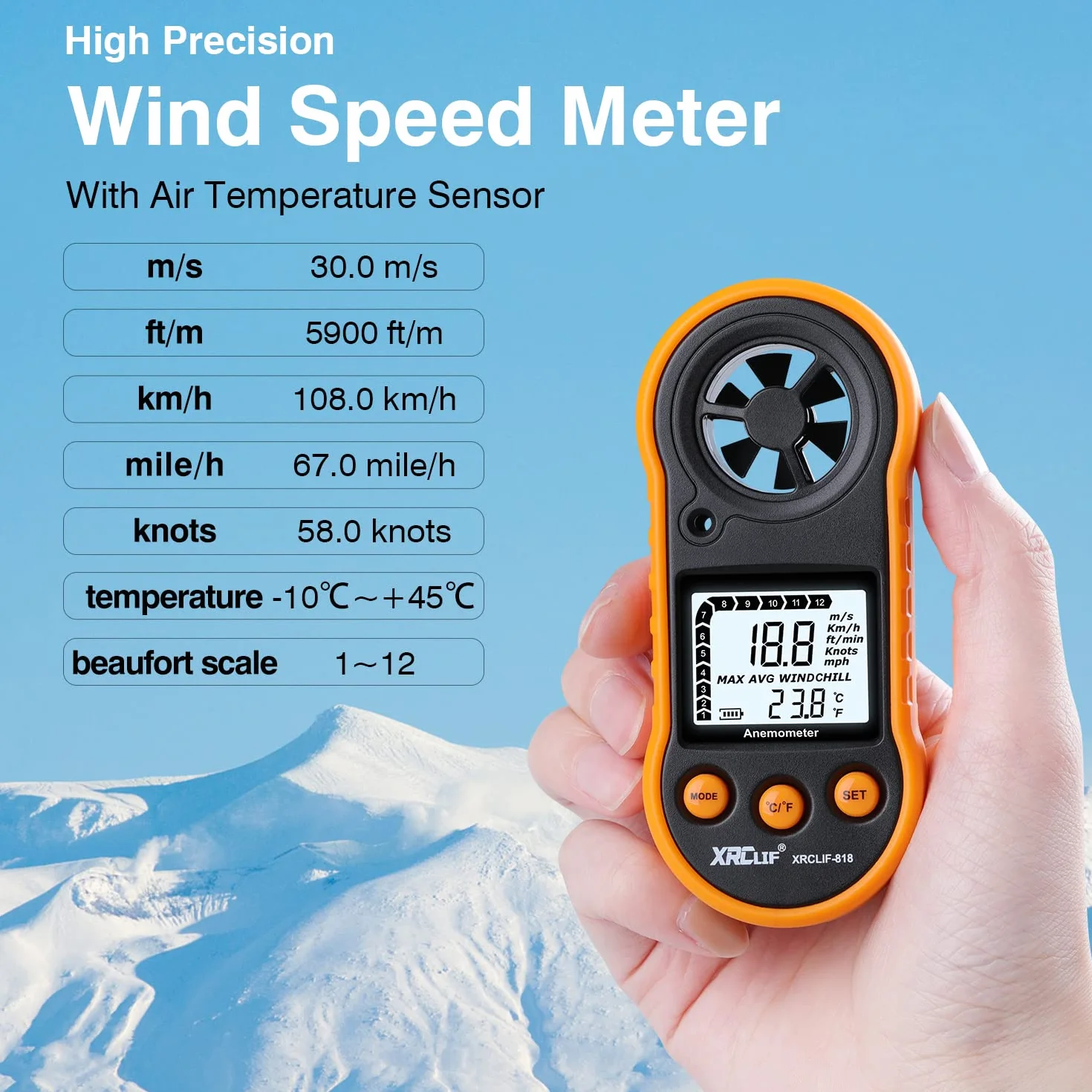 Cyfrowy anemometr ręczny, miernik prędkość wiatru i przepływu powietrza do pomiaru prędkości temperatury chłodu, termometr do strzelania, windsurfingu, wędkowania, polowania