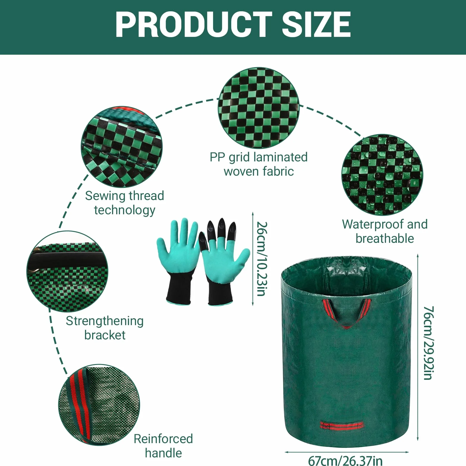 USHOP Worek Ogrodowy, 4x 272L (76x67cm) z 4 Uchwytami, Zbieracz do Liści, Wodoodporny, do Trawy, Liści, Odpadów Zielonych, Wielokrotnego Użytku (w Zestawie Rękawice)