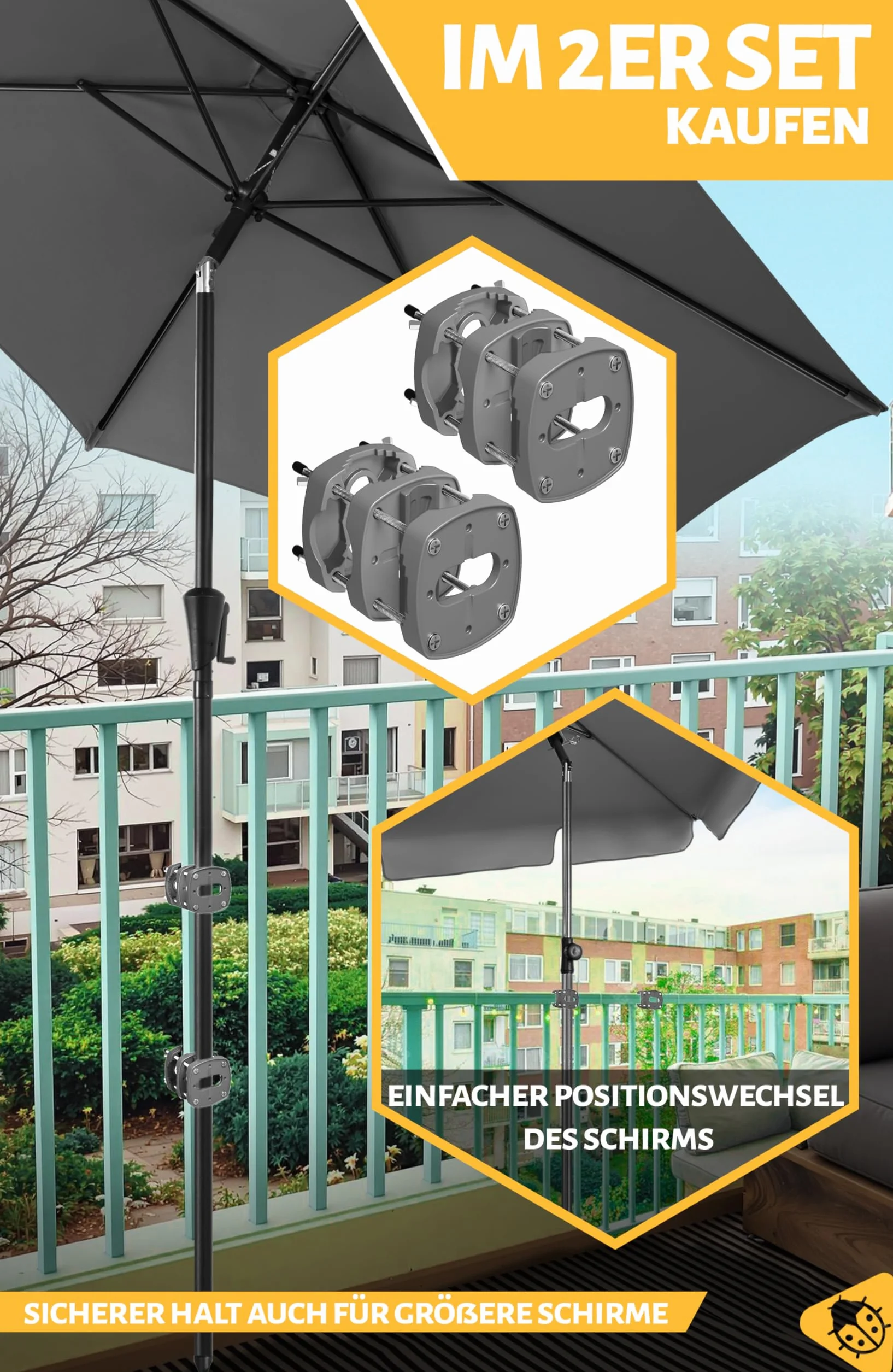 Uchwyt na parasol przeciwsłoneczny na balustradę balkonową – kompaktowy uchwyt na parasol balkonowy zastępuje nieporęczny stojak na parasole balkonowe do wszystkich parasoli, kolor antracytowy