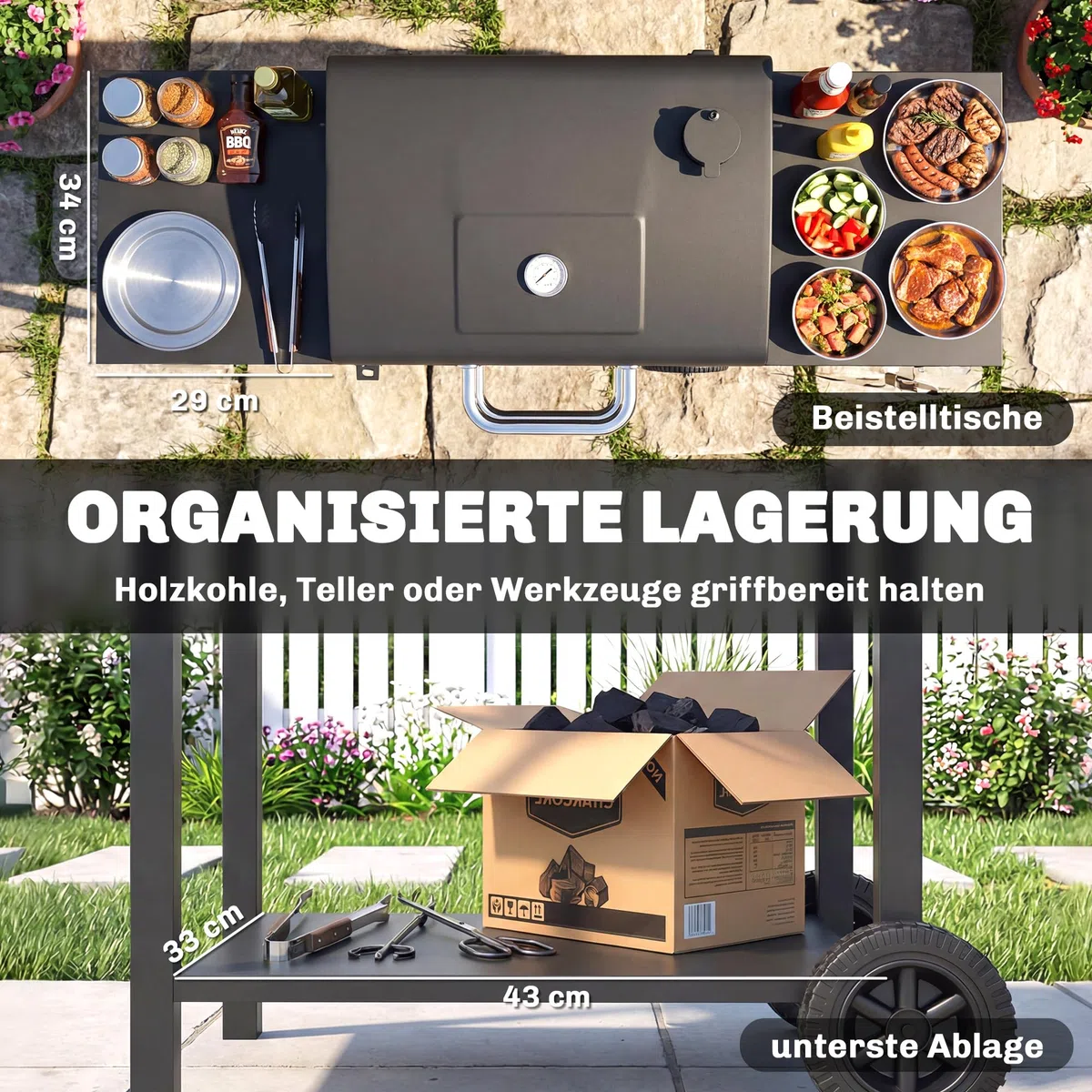 Outsunny grill węglowy z pokrywą, BBQ Smoker z 2 bocznymi stolikami, dużą powierzchnią grillową, rusztem, termometrem i kółkami, wózek grillowy 110 x 46,5 x 101 cm, czarny