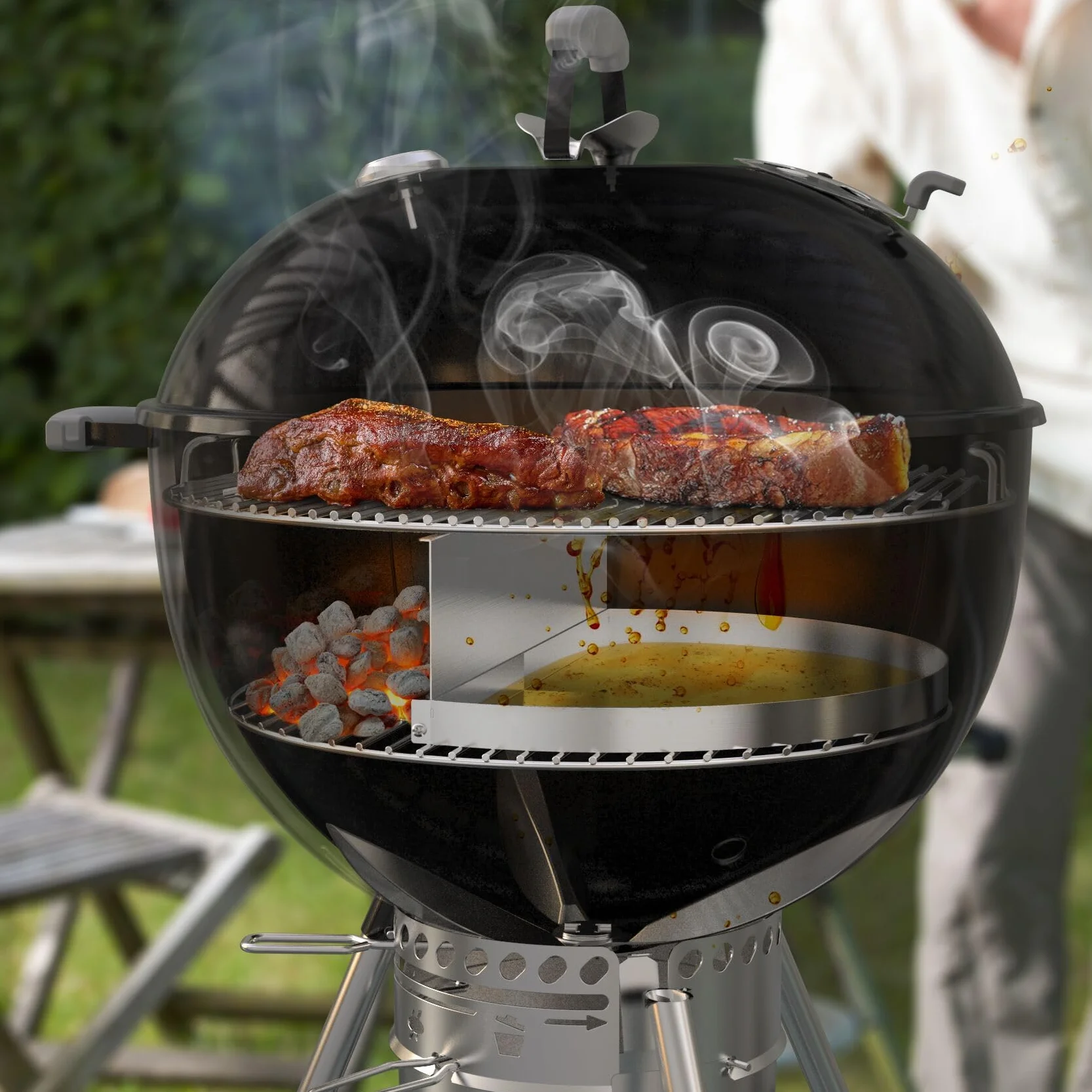 Onlyfire Półokrągłe tacki ociekowe z wyjmowaną przegrodą na węgiel drzewny, tacki ociekowe do grilli kociołkowych Weber 57 cm, tacki do grilla ze stali nierdzewnej, tacka ociekowa na tłuszcz