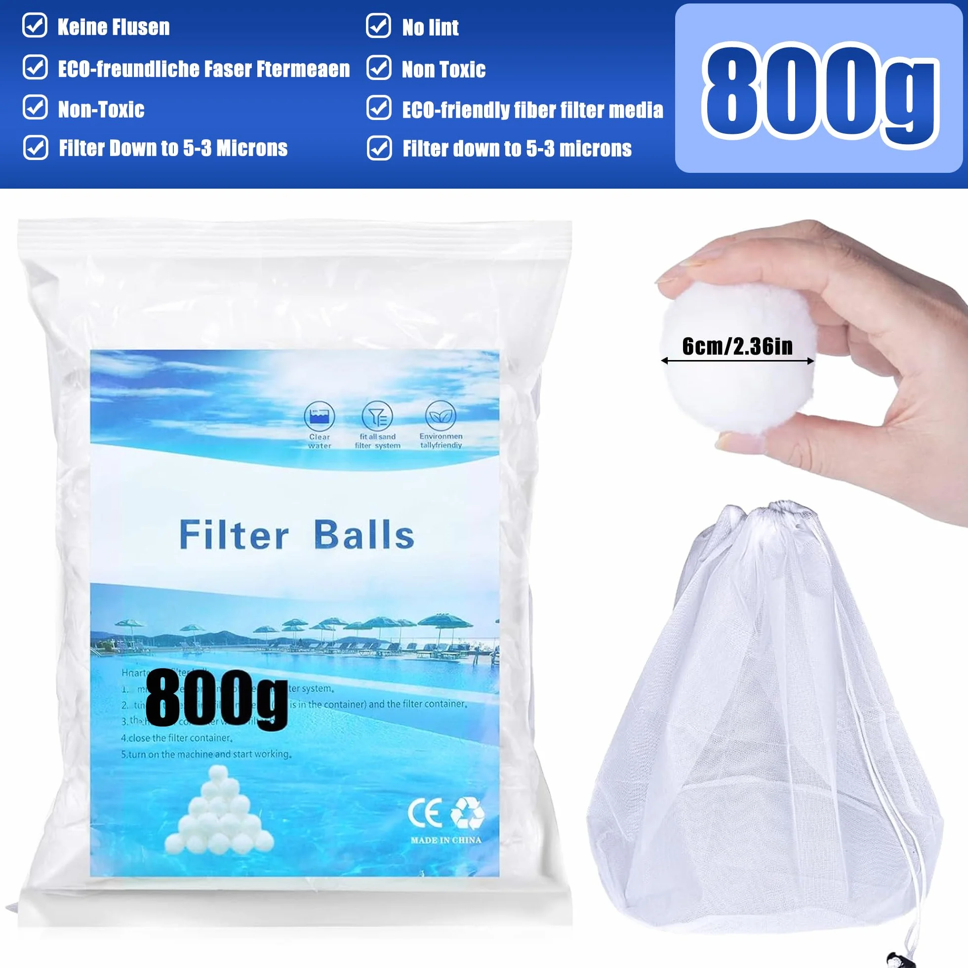 800g kulki filtrujące, kulki filtrujące do basenu, zamiennik piasku filtrującego do basenu, środek czyszczący do basenu, odpowiedni do różnych metod filtracji wody