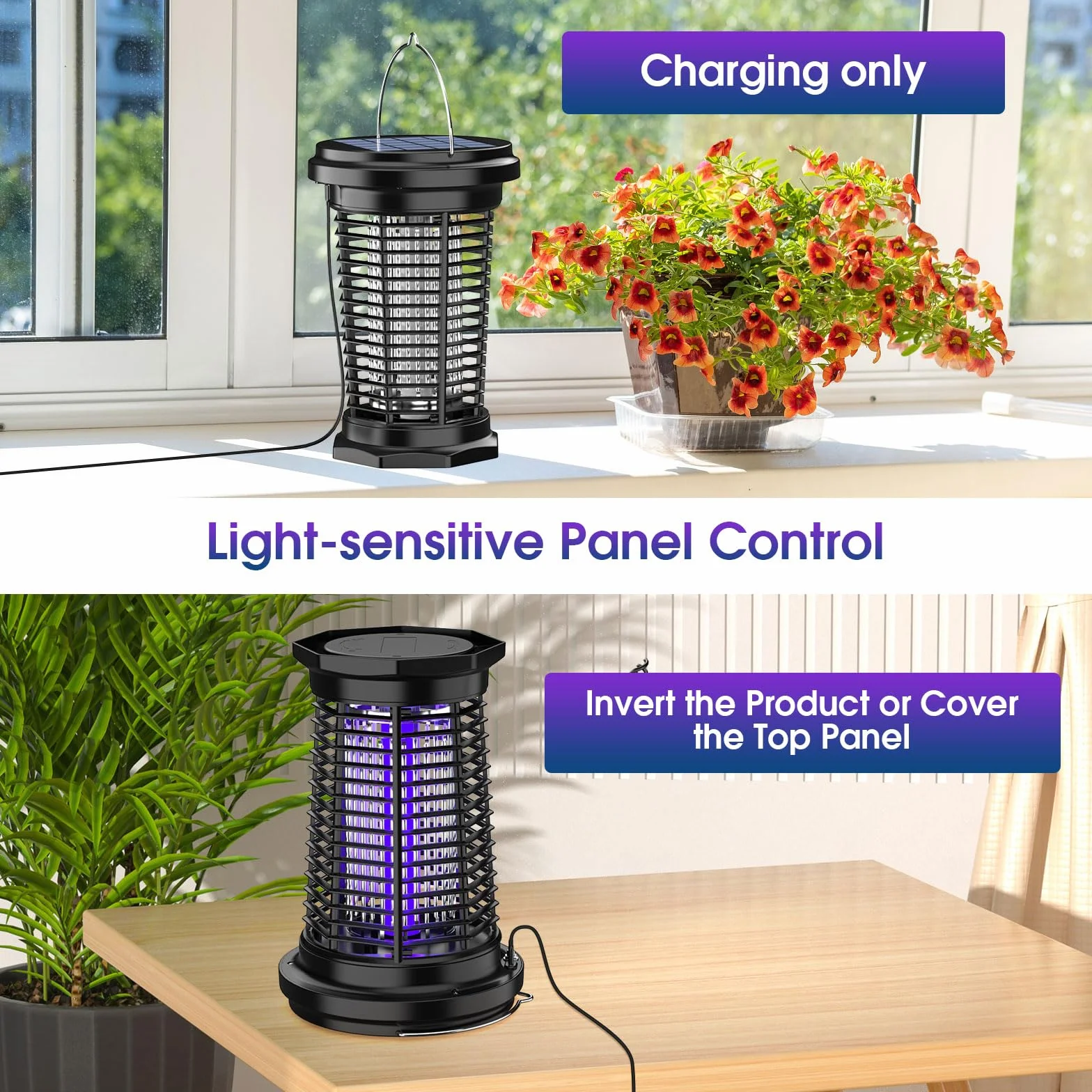 PALONE Przenośna lampa na komary solarna 4500V, USB-C + 5.5W panel - Wodoodporna do ogrodu/campingu (2600mAh, IPX4)