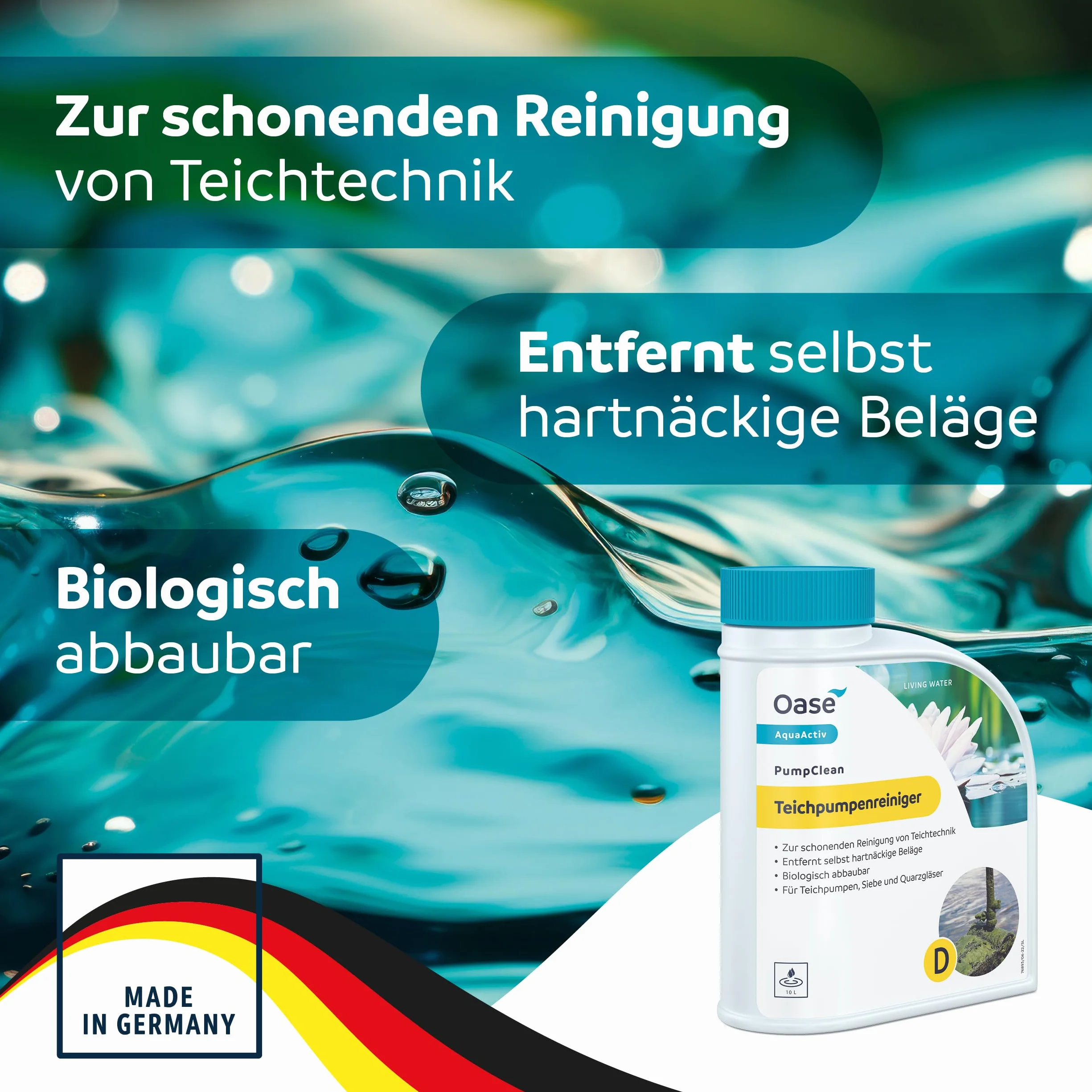 OASE 43146 AquaActiv PumpClean środek do czyszczenia pompy stawowej, 500 ml, czyści technologię stawu, taką jak pompy, sitka, szklanki kwarcowe, środek do czyszczenia pomp bez chloru i octu, kolor