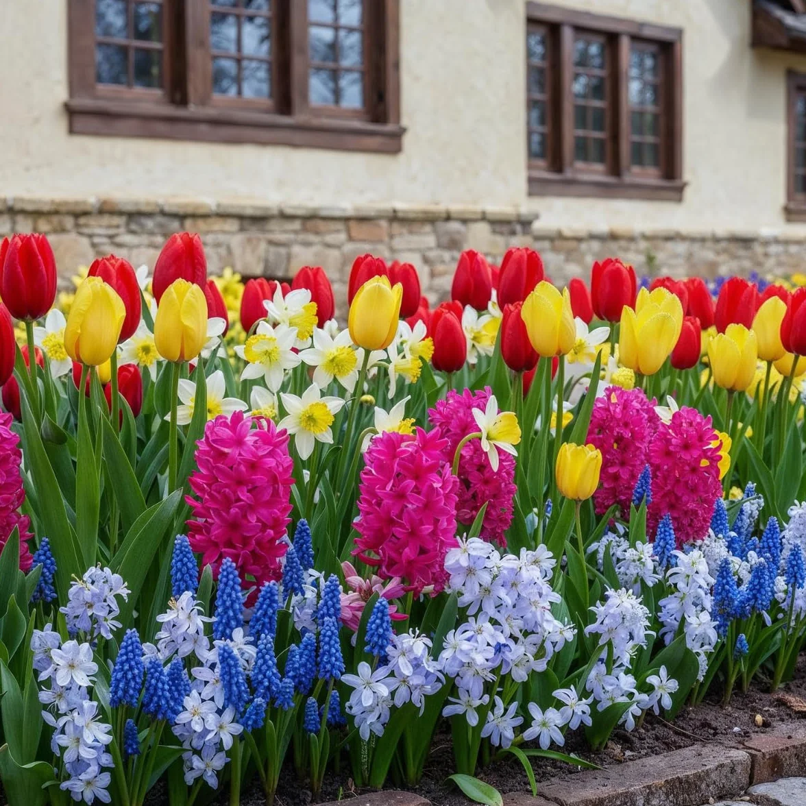 Kolekcja cebul kwiatowych Spring Border (50 cebul) ekskluzywna mieszanka z Holandii, odporna i wieloletnia do ogrodu, doniczek (duże, bez nasion, nie sztuczne) tulipany-narcyzy-hiacynty-muscari