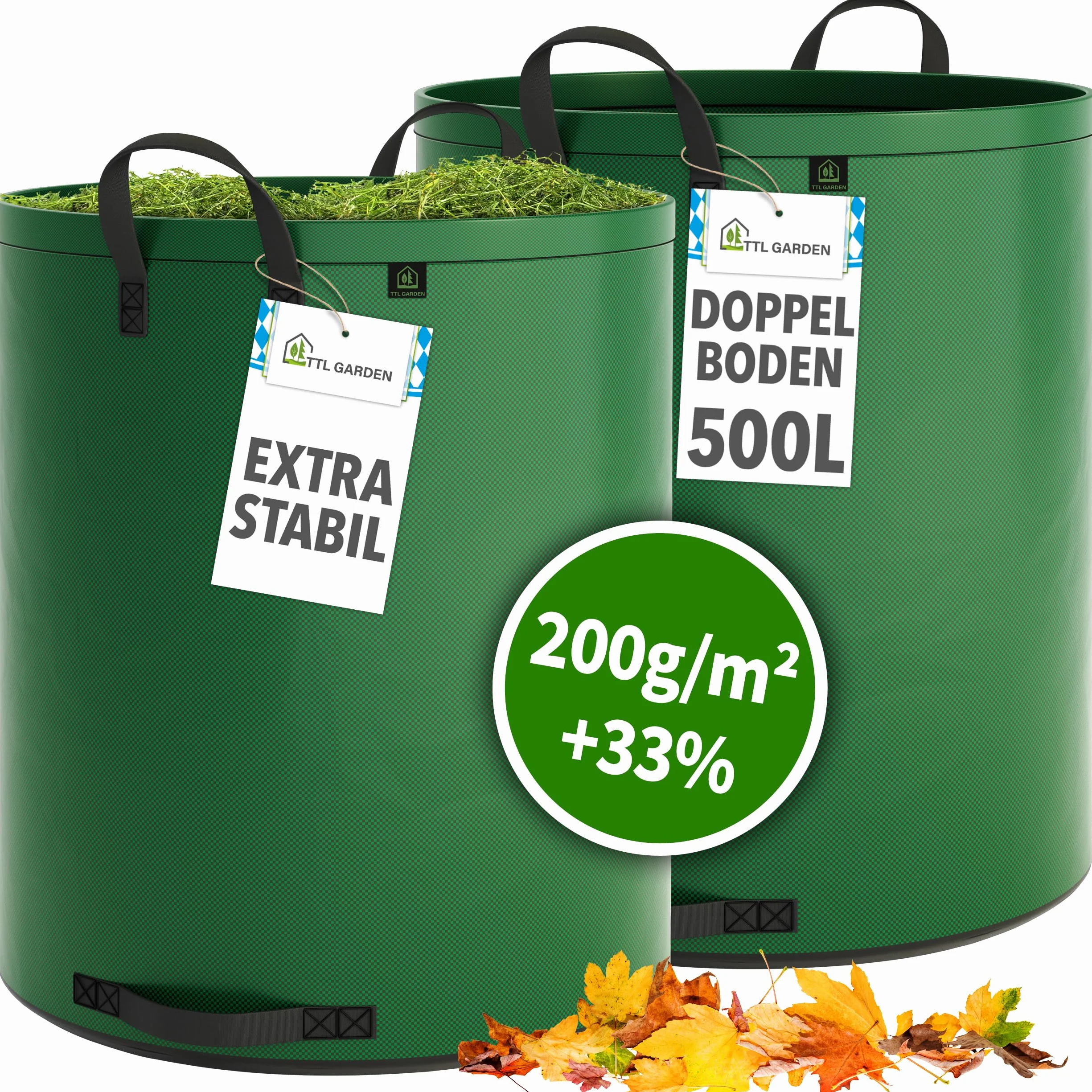 TTL Garden 2 x 500 l super solidny worek ogrodowy zielony – podwójne dno 2 x 200 g/m², bardzo stabilny i odporny na rozerwanie, wolnostojący, 4 uchwyty, duży, wytrzymały, zestaw 2 worków na liście