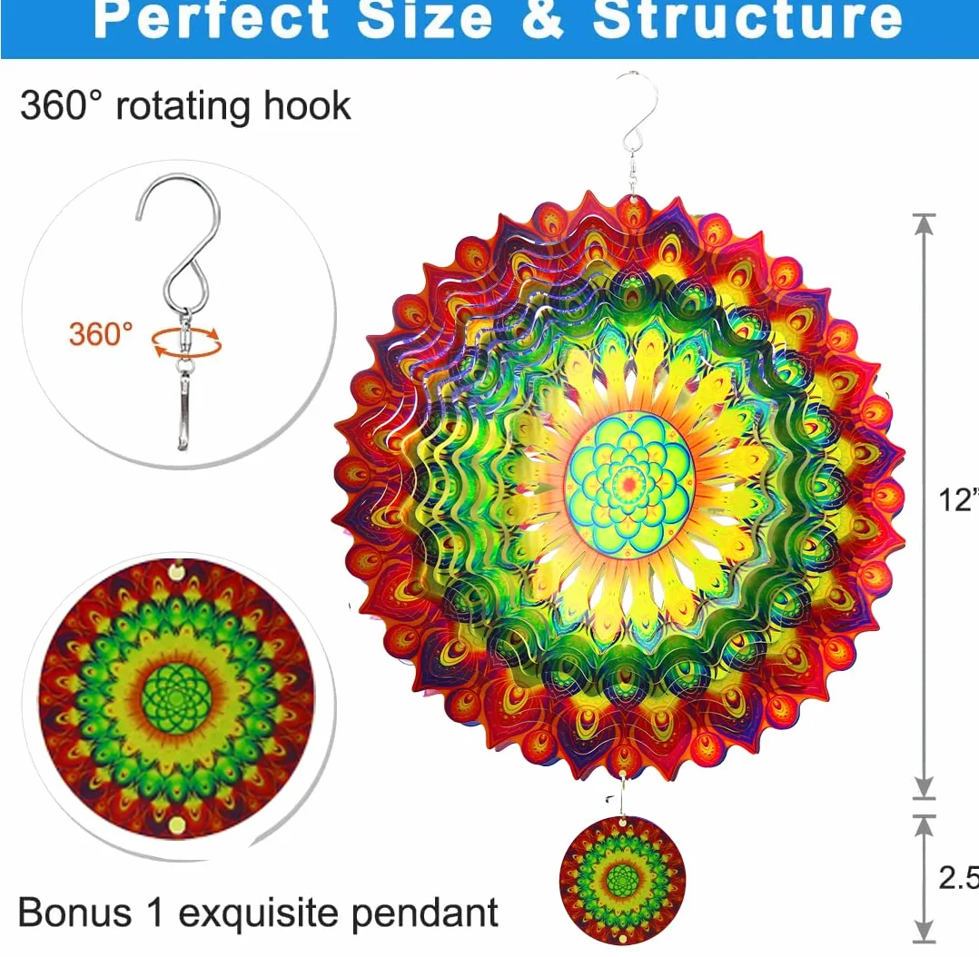 3D Mandala Wiatrówki 30 cm Dekoracje Rzeźby Kinetyczne Wiszące Whirligigs Stal nierdzewna Laserowo Wycinane Metalowe Mandale Sztuka, Gwiazda Wisząca Dr Wystrój Wnętrz/Na Zewnątrz, Zielony