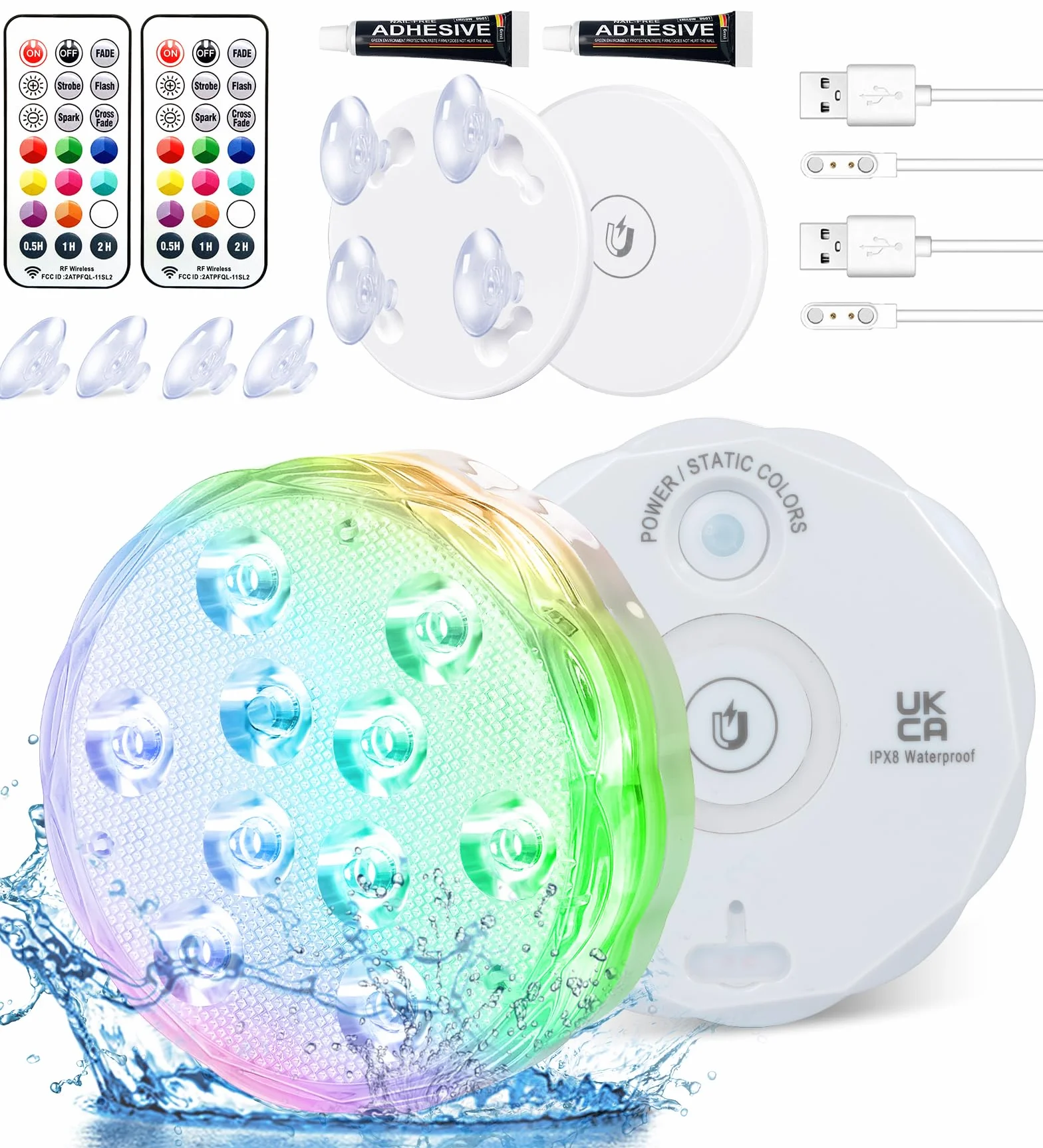 Qoolife Akumulatorowe lampki do jacuzzi 8,4 cm USB magnetyczne RGBW IP68 wodoodporne podwodne światło