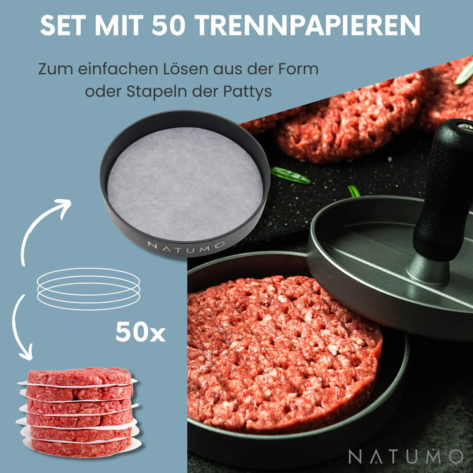 NATUMO prasa do burgerów Ø 11cm 200g z antyprzywarającą powłoką zestaw