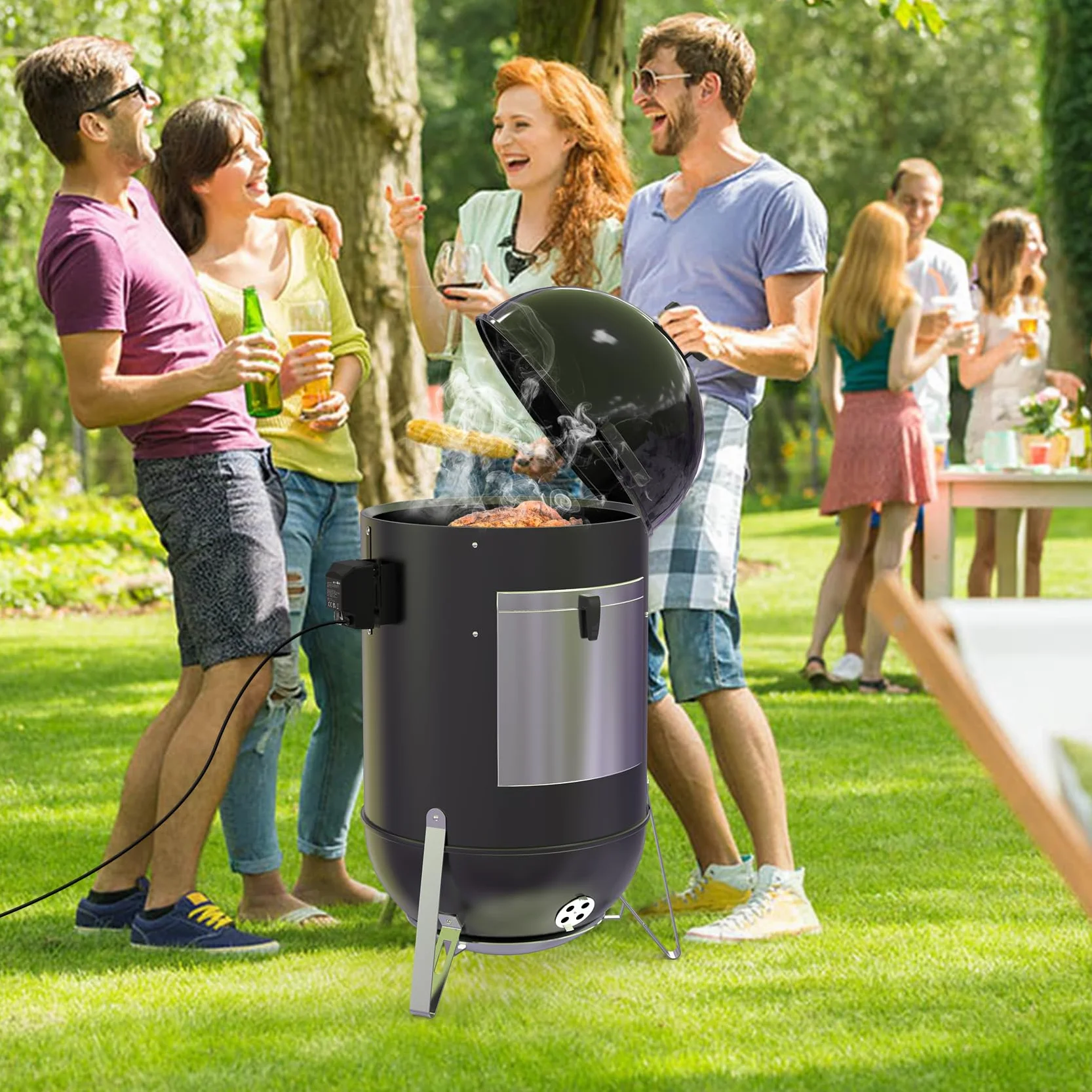 Onlyfire BRK-6099 Zestaw szpikulców do grilla ze stali nierdzewnej, rożen z silnikiem i 2 szpilki do mięsa do kuchenki Wędzarnia Grill na Węgiel Drzewny 57cm