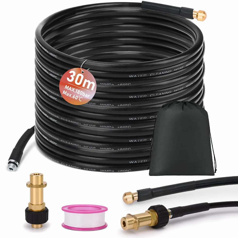 Wąż do czyszczenia rur 30 m, zestaw do czyszczenia rur K2, K3, K4, K5, K6, K7, 180 bar, 60 °C, zestaw do czyszczenia rur, w zestawie torba, sztywne dysze, środek do czyszczenia odpływów, wąż odpływowy