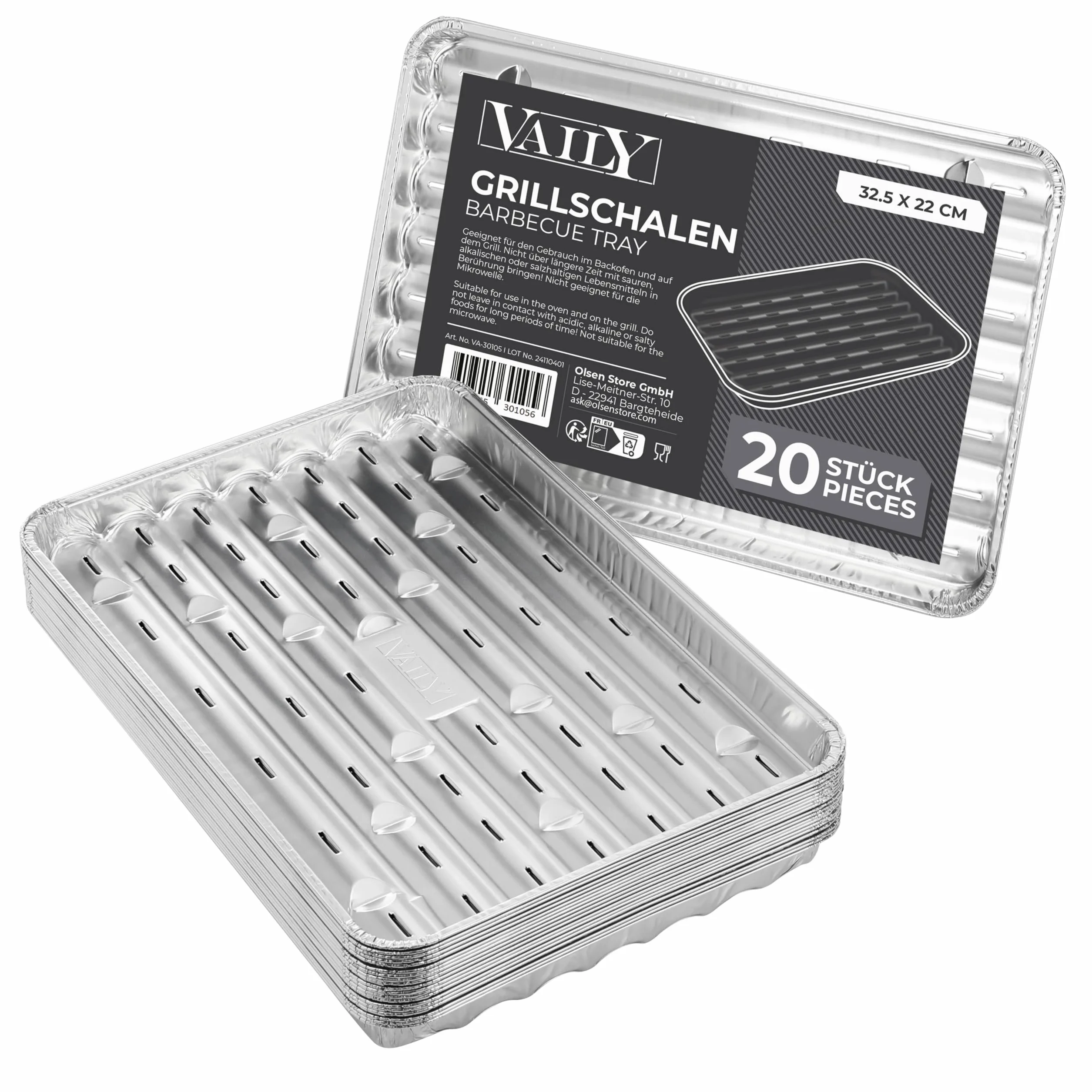 Vaily Aluminiowe patelnie do grilla, 20 sztuk – tacki ociekowe, akcesoria do BBQ, na kemping i do kuchni – aluminiowa miska na mniej tłuszczu i brudu – 32,5 x 22 cm