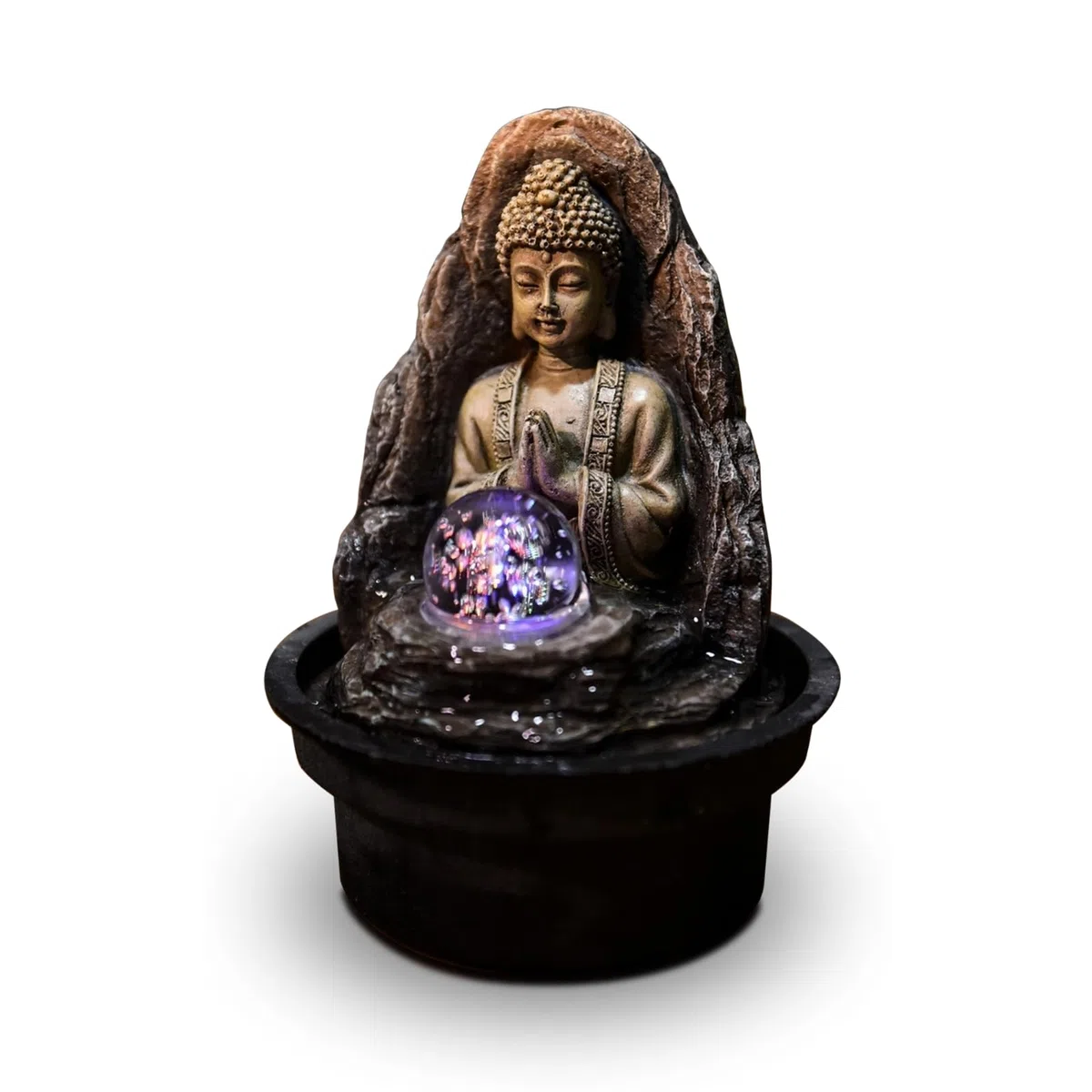 Fontaine Frieden – relaksująca fontanna wewnętrzna Zen Budda ze światłem LED – zamknięty i brązowy obieg – wys. 18 cm – Zen'light, żółta