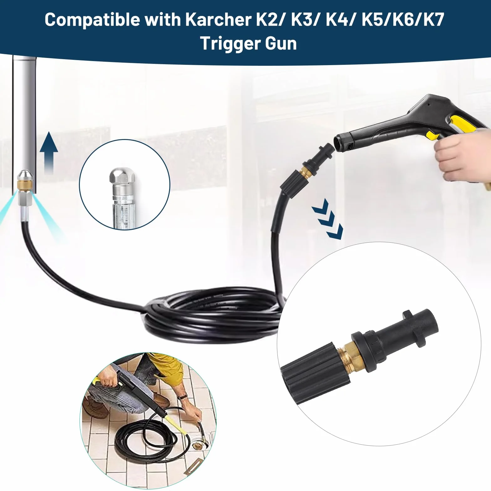 SWAWIS Wąż do czyszczenia rur, zestaw 15 m, 180 bar, 60 °C, środek do czyszczenia odpływów, wąż z 2 dyszami, 1 adapter Kärcher K2-7