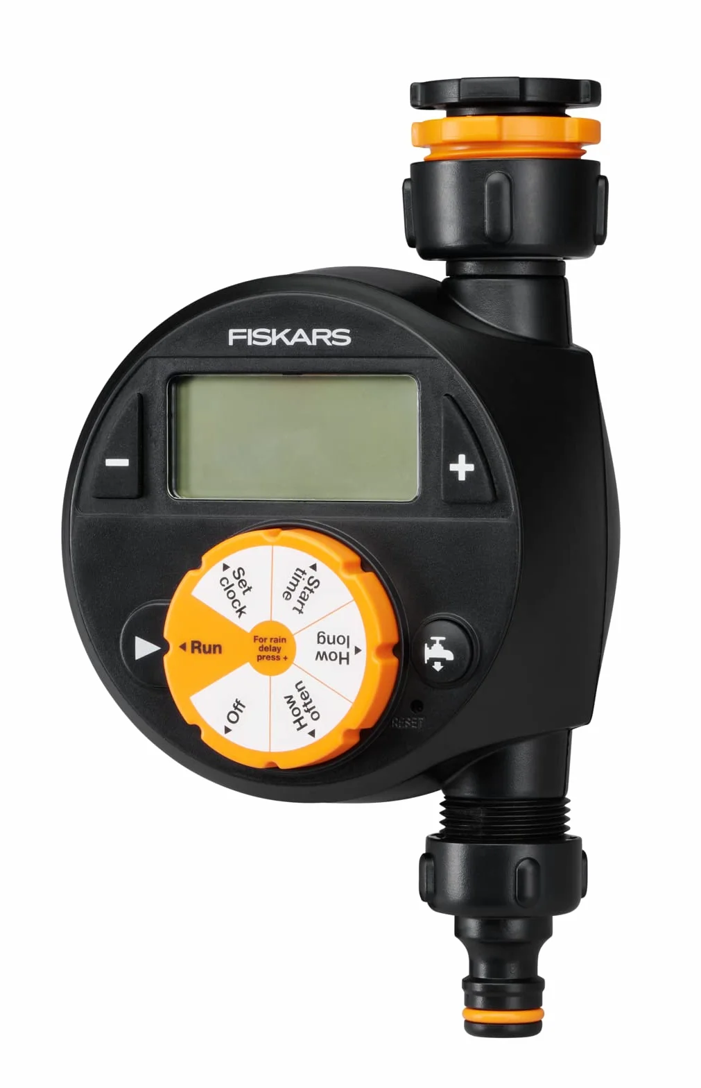 Fiskars Sterownik nawadniania, Pojedynczy, Do wszystkich popularnych rozmiarów kranów, Duży, czytelny wyświetlacz LCD sprawia, Uniwersalny rozmiar, 380 g, Czarny/Pomarańczowy, 1054791