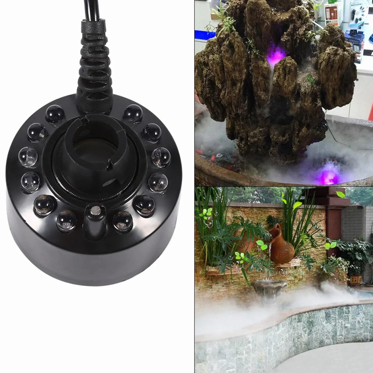 Mist Maker Fogger, 24V 12 LED Zmieniający Kolor Nawilżacz Ultradźwiękowy Mist Maker Water Pond Atomizer Nawilżacz Powietrza do Ogrodnictwa i Stawu