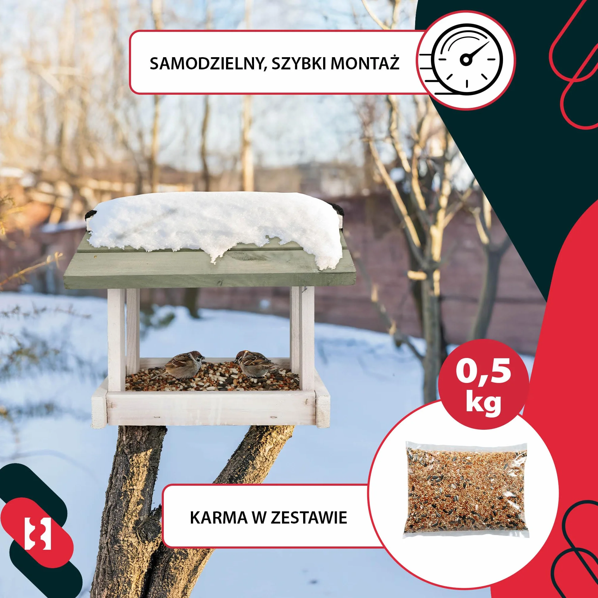 KOTARBAU Karmnik dla Ptaków Drewniany 21,5x23,5 cm z Daszkiem Biały Szary Karma 0,5 kg