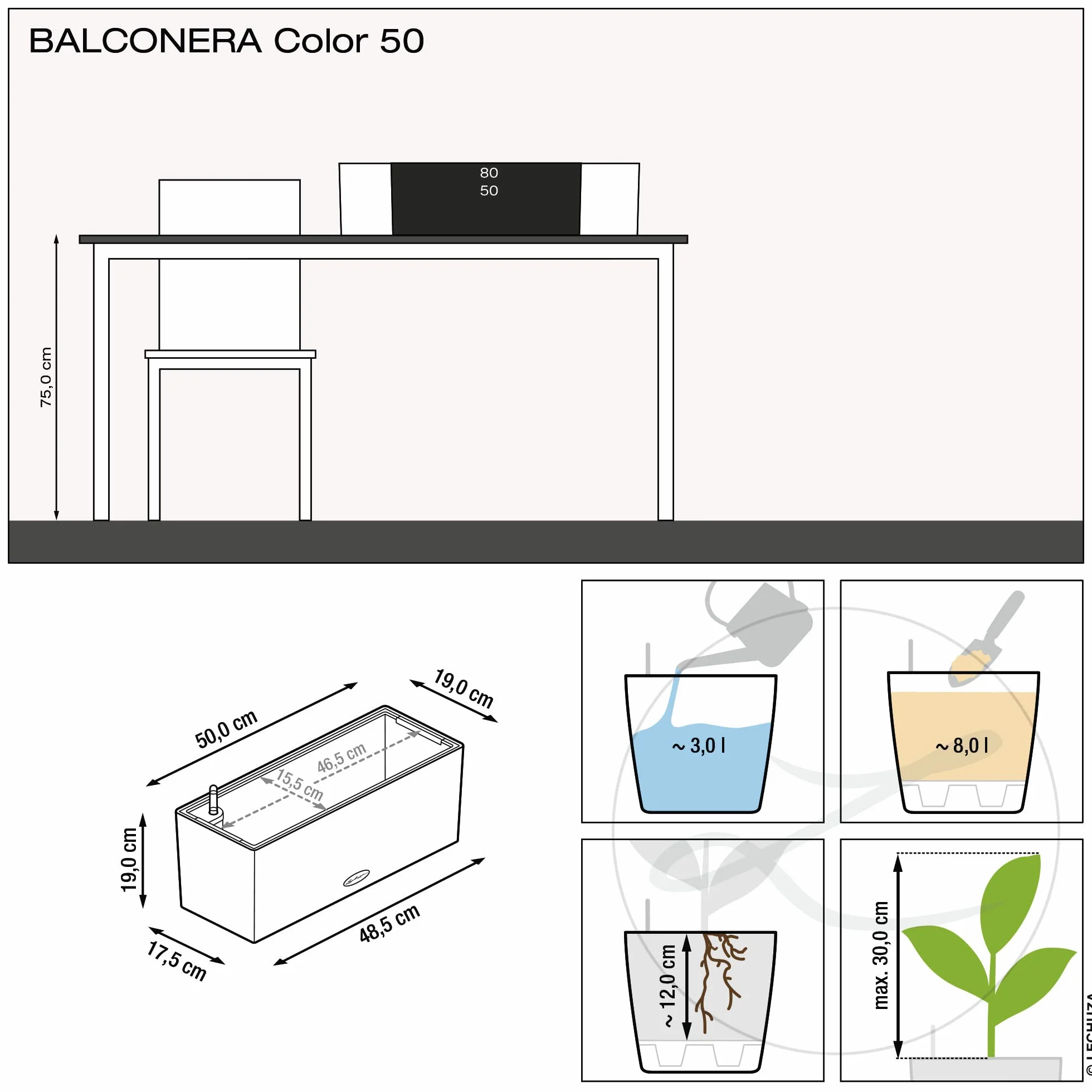 Lechuza Donica Balconera Kolor 50 Jasnoszary System Nawadniania