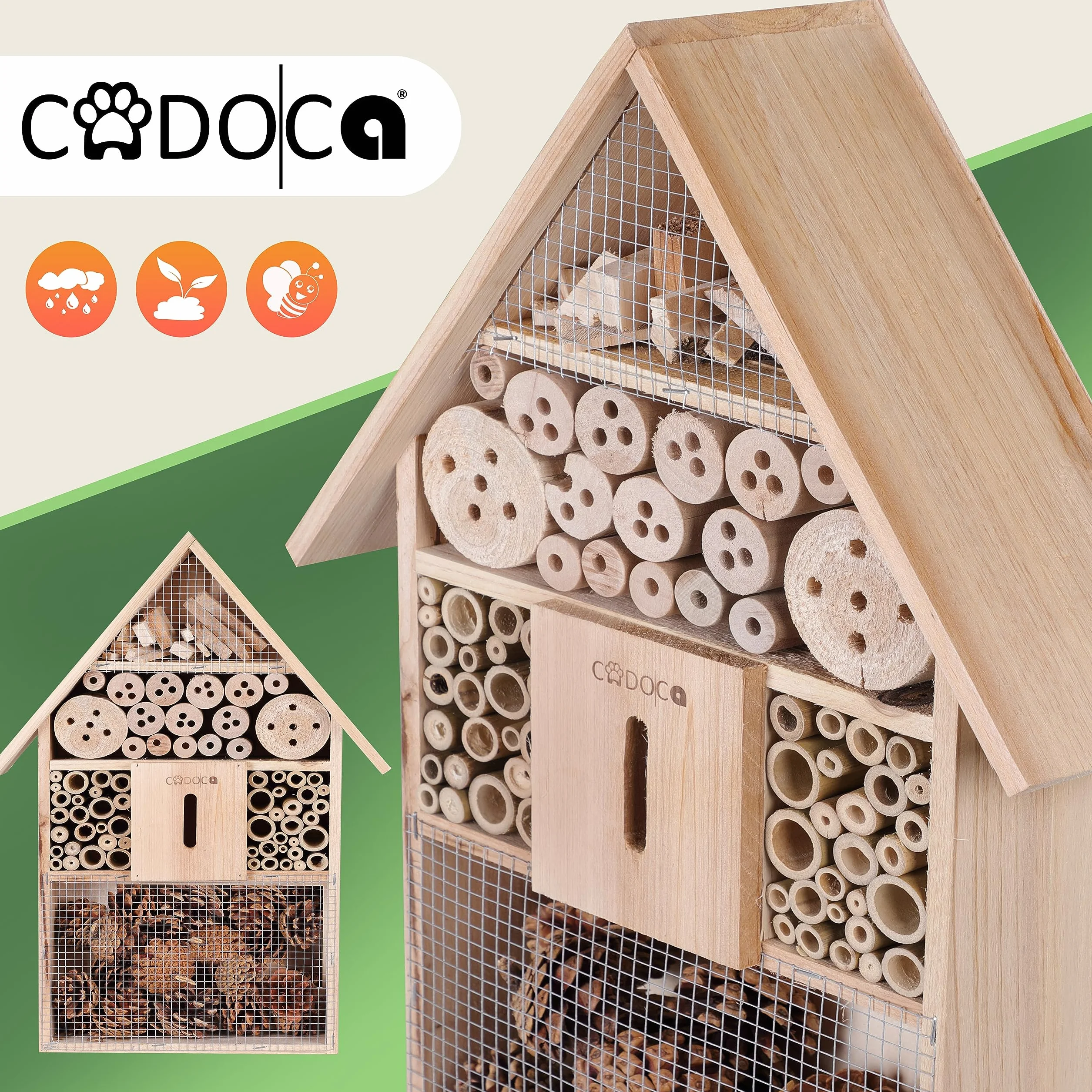 Cadoca XXL naturalny drewniany hotel dla owadów 48x31x10 cm domek letniskowy schronisko dla pszczół biedronki motyl lęgowy