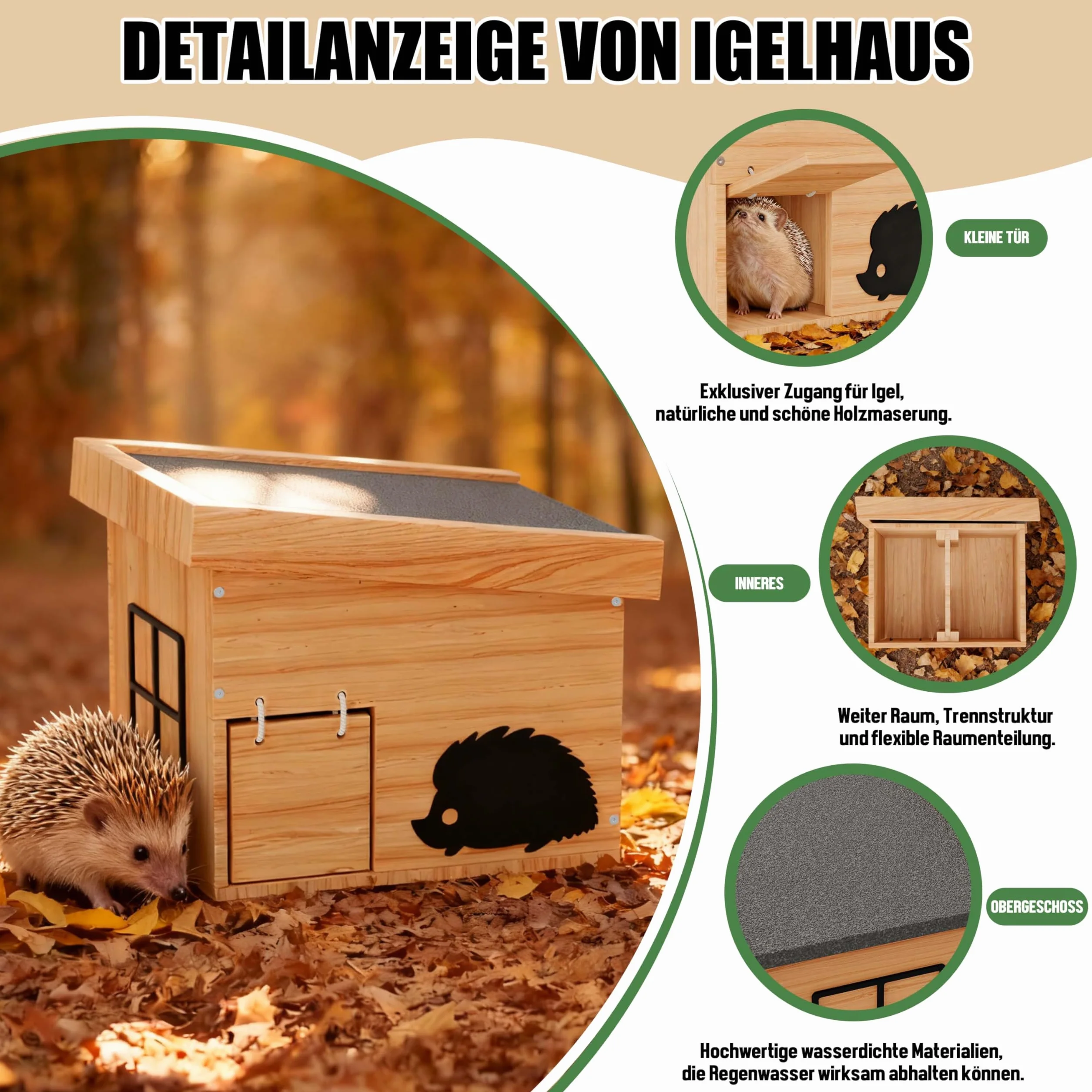 Mihoho Domek dla jeży, z drewna, domek dla jeży, z podłożem, odporny na działanie warunków atmosferycznych, domek zimowy dla jeży, sypialni, ogrodu, zestaw montażowy (buk)