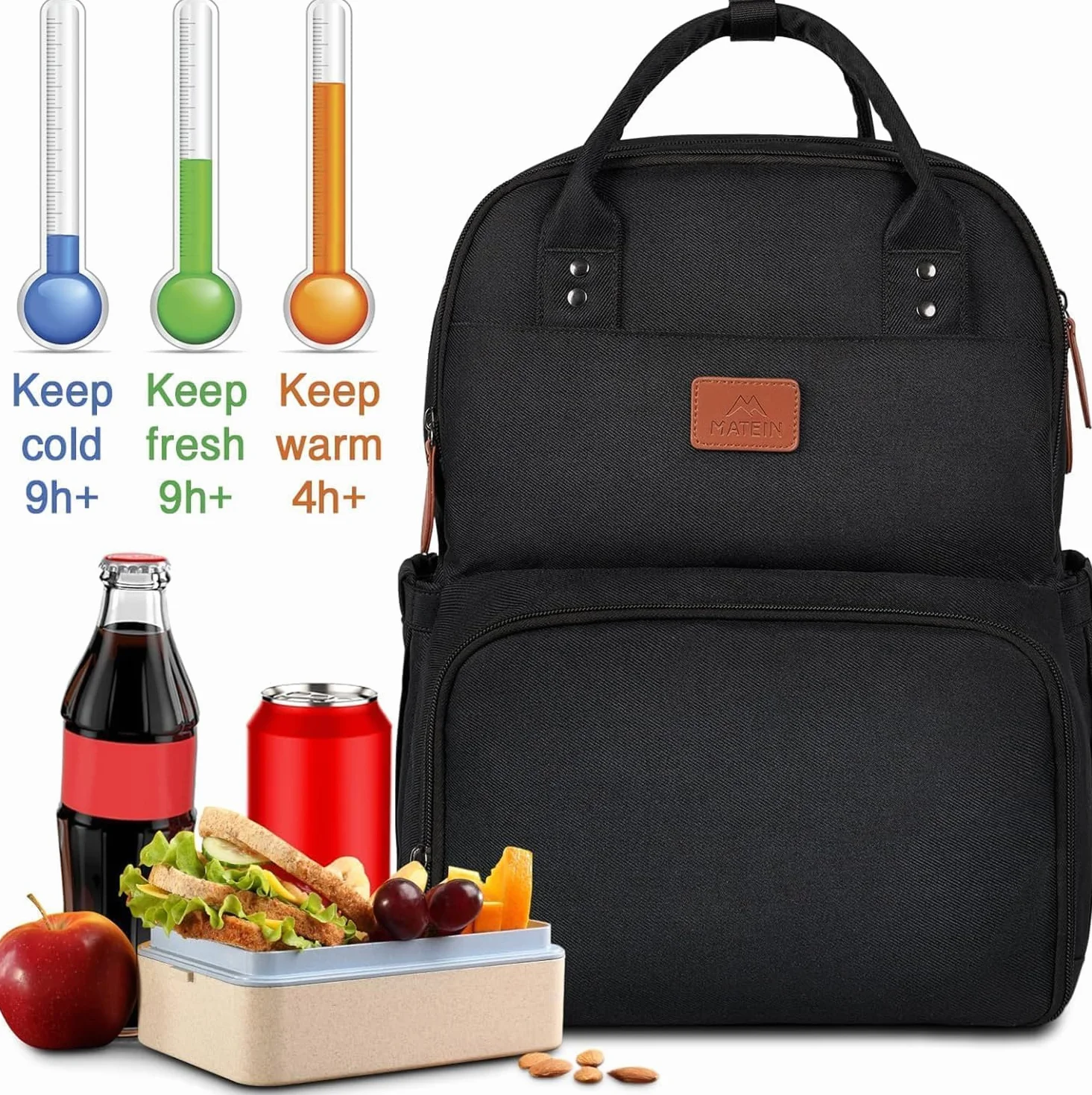 MATEIN Plecak na laptopa na lunch, plecak piknikowy z kieszenią na laptopa, plecak dla mężczyzn i kobiet, izolowana torba chłodząca na lunch, na kemping, podróż, do szkoły, pracy, czarny