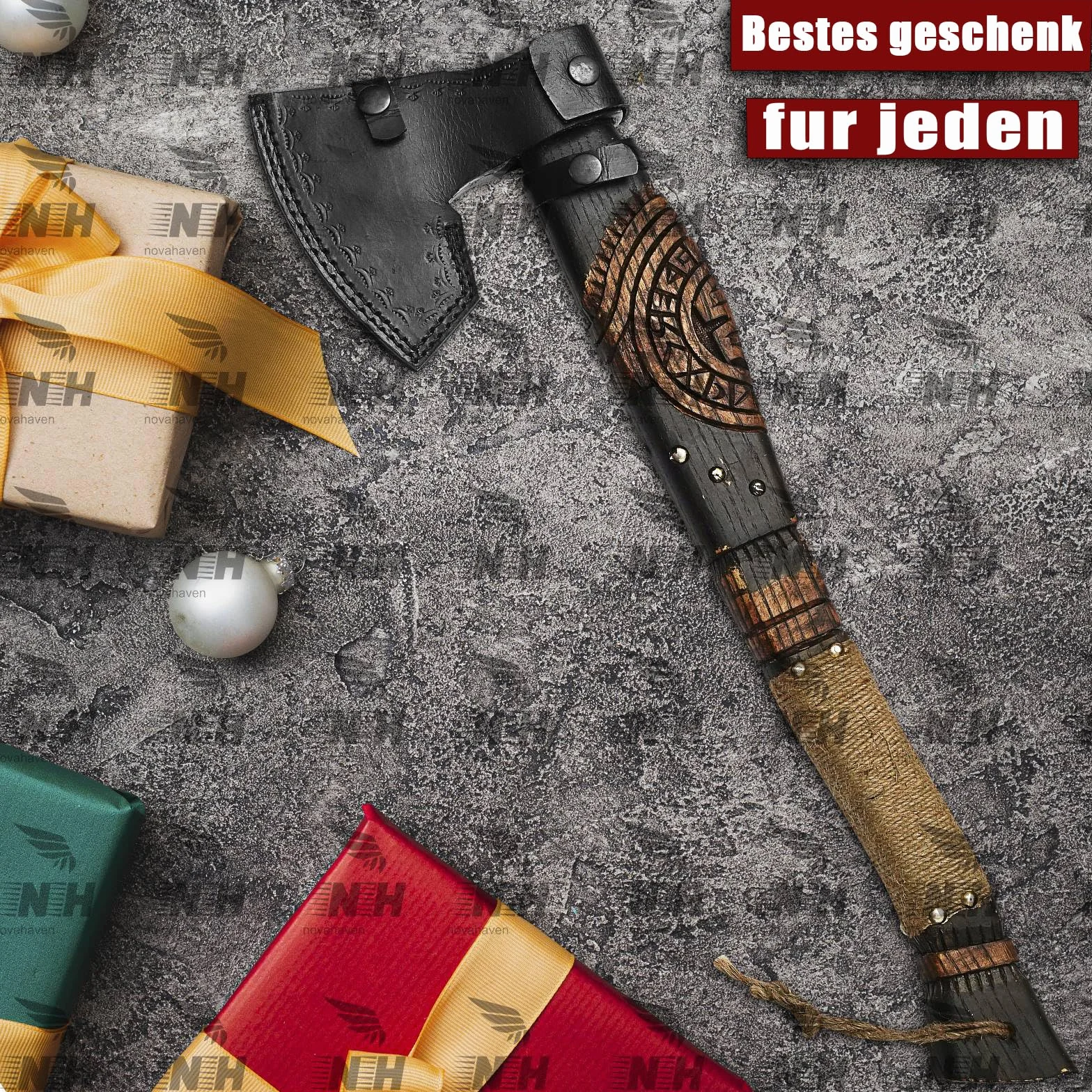 Topór Ragnar z 20-calowym grawerowanym uchwytem z jesionu i trawionym ostrzem z węgla stali - od NovaHaven